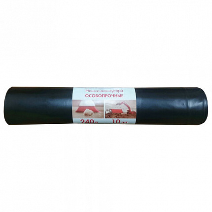 Мешки для мусора 240 л, черные, в рулоне 10 шт., ПВД, 100 мкм, 90х135 см, особо прочные, КБ, 3170