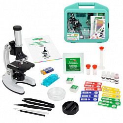 Микроскоп с подсветкой в кейсе, 74 предмета, в т.ч. набор из 16 микропрепаратов в подарок, увеличение 300х,600х,1200х, BRAUBERG KIDS, 391399