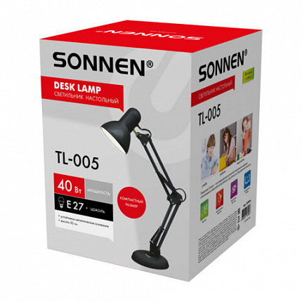 Настольная лампа-светильник SONNEN TL-005, подставка, 40 Вт, Е27, черный, высота 50 см, 237646