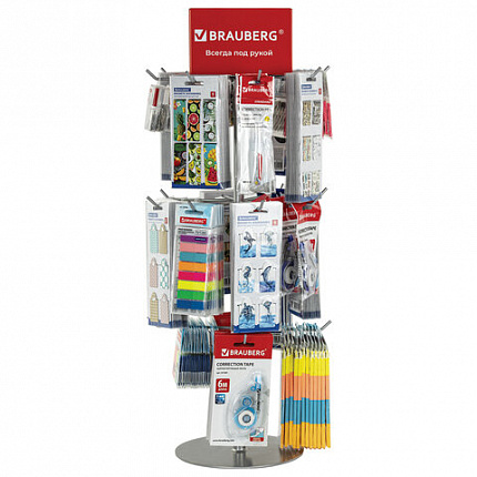 Стойка-вертушка настольная BRAUBERG, 68х28 см, 20 крючков, 3 вращающихся ряда, 505911