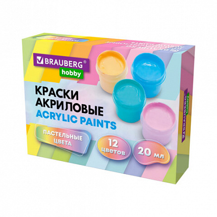 Краски акриловые ПАСТЕЛЬНЫЕ для рисования и творчества 12 цветов по 20 мл BRAUBERG HOBBY, 192440