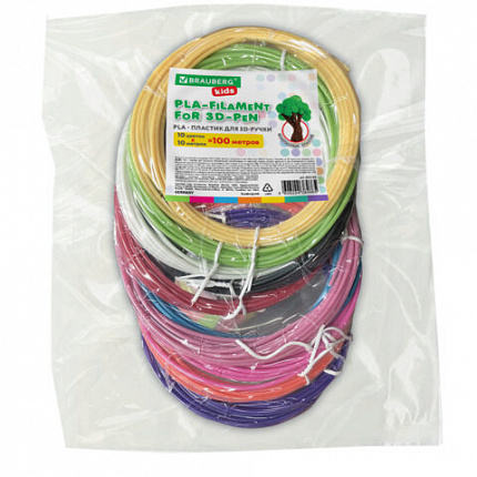 Безопасный PLA-пластик для 3D-ручки, 100 метров (10 цветов х 10 м), BRAUBERG KIDS, 665189