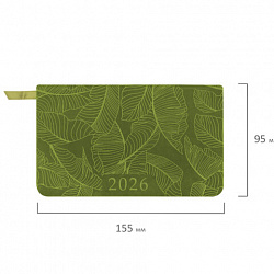 Еженедельник датированный 2026 МАЛЫЙ ФОРМАТ 95х155 мм, А6, BRAUBERG "Foliage", под кожу, зеленый, 117198