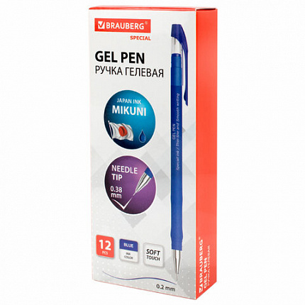Ручка гелевая BRAUBERG SPECIAL, СИНЯЯ, игольчатый узел 0,38 мм, тонкая линия письма 0,2 мм, 144245
