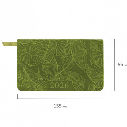 Еженедельник датированный 2026 МАЛЫЙ ФОРМАТ 95х155 мм, А6, BRAUBERG "Foliage", под кожу, зеленый, 117198