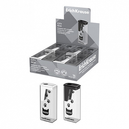 Точилка ERICH KRAUSE "City Meow", с контейнером, пластиковая, корпус ассорти, 61543