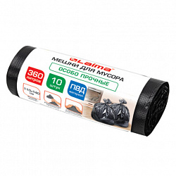 Мешки для мусора 360 л, черные в пласте 10 штук особо прочные, ПВД 60 мкм, 110x140 см, LAIMA, 702687