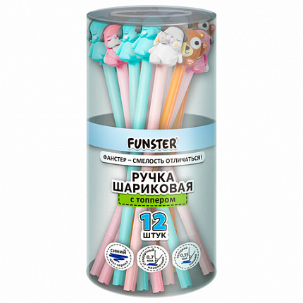 Ручка с топпером шариковая масляная FUNSTER "TOPPER MIX", СИНЯЯ, корпус ассорти, пишущий узел 0,7 мм, линия письма 0,35 мм, 144368
