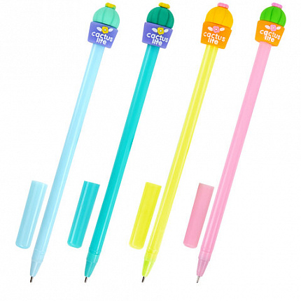 Ручка с топпером шариковая ЮНЛАНДИЯ "Кактус", корпус ассорти, СИНЯЯ, пишущий узел 0,7 мм, 143800