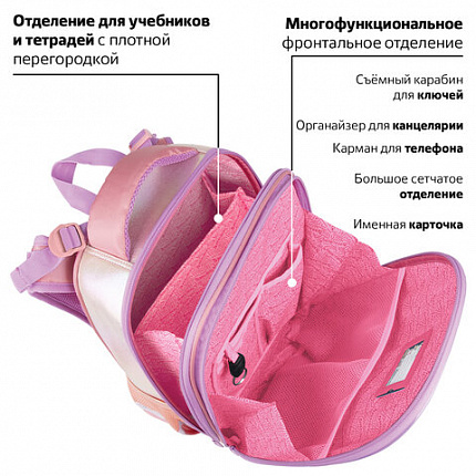 Ранец BRAUBERG SHINY, 2 отделения, с брелком, "Счастливый кот", 38х28х14 см, 270697