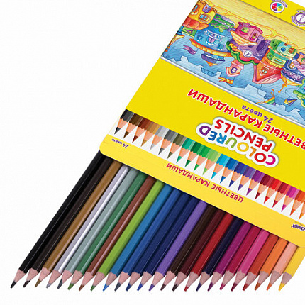 Карандаши цветные ЮНЛАНДИЯ "ДОМИКИ", 24 цвета, пластиковые, классические, грифель мягкий 3 мм, 181838