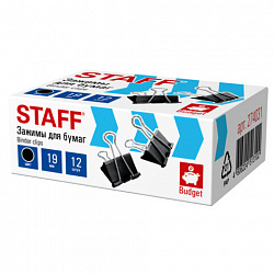 Зажимы для бумаг STAFF ECO, КОМПЛЕКТ 12 шт., 19 мм, на 60 листов, черные, картонная коробка, 274031