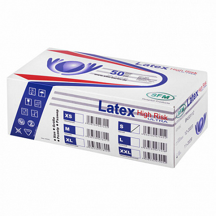 Перчатки латексные смотровые сверхпрочные SFM HIGH RISK ULTRA, Германия, 25 пар (50 штук), размер 6-7, S (малый)