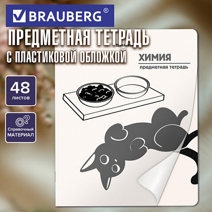 Тетрадь предметная КОТ-НЕПОСЕДА 48л, пластиковая обложка, ХИМИЯ, клетка, подсказ, BRAUBERG, 405538