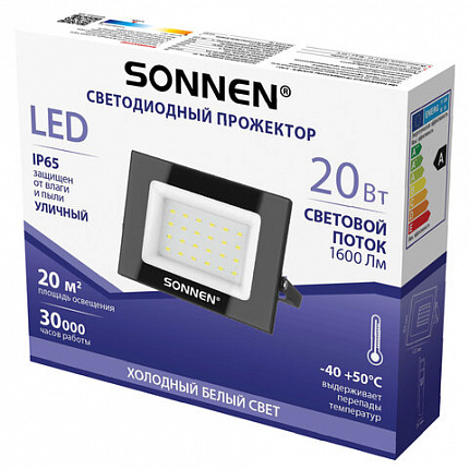 Прожектор светодиодный 20 Вт, 6500 К, 1600 Лм, 20 м2, IP65, 122x84x26 мм, черный, SONNEN, 238412