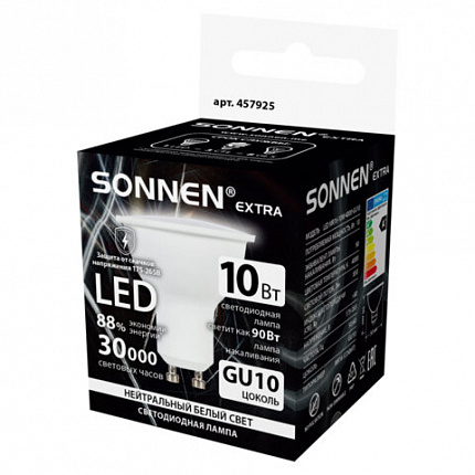 Лампа светодиодная SONNEN EXTRA, 10 (90) Вт, GU10, нейтральный белый, 30000 ч, LED MR16-GU10-10W-4000, 457925