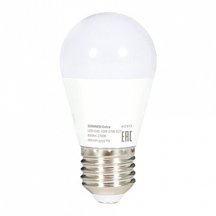 Лампа светодиодная SONNEN EXTRA, 10 (85) Вт, E27, шар, теплый белый, 30000 ч, LED G45-10W-2700-Е27, 457913