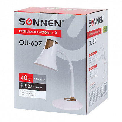 Настольная лампа / светильник SONNEN OU-607, на подставке, цоколь Е27, белый/коричневый, 236680