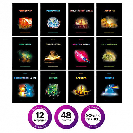 Тетради предметные, КОМПЛЕКТ 12 ПРЕДМЕТОВ, "SHADE", 48 л., глянцевый УФ-лак, BRAUBERG, 404324