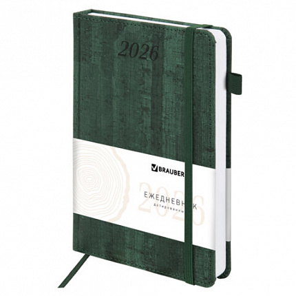 Ежедневник датированный 2026 А5 138x213 мм, BRAUBERG "Wood", под кожу, держатель для ручки, зеленый, 117109