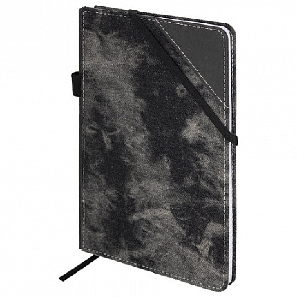 Блокнот А5 135x210мм BRAUBERG Denim, ткань/экокожа, резинка, держатель, 80л клетка, черный, 117140