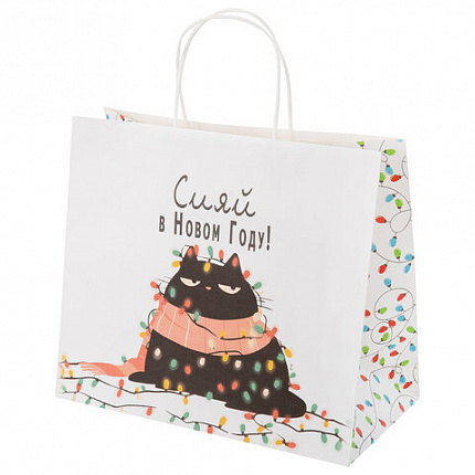 Пакет подарочный (1 штука), новогодний, 28х14х24 см "Котики", крафт, ассорти, ЗОЛОТАЯ СКАЗКА, 592433