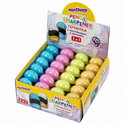 Точилка с контейнером и ластиком ЮНЛАНДИЯ "ДВА В ОДНОМ", яркие цвета ассорти, 272510