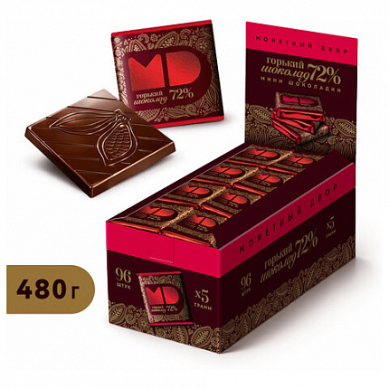 Шоколад порционный МОНЕТНЫЙ ДВОР, горький шоколад 72% какао, 96 плиток по 5 г, в шоубоксах, 507