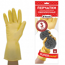 Перчатки МНОГОРАЗОВЫЕ латексные SUPER СИЛА СВЕРХПРОЧНЫЕ, бежевые, размер 7-8, M (средний), вес 96 г, Komfi, ADM, 20073