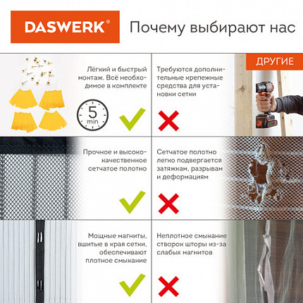 Москитная сетка дверная на магнитах 100х210 см, антимоскитная, черная, DASWERK (ДАСВЕРК), 607985