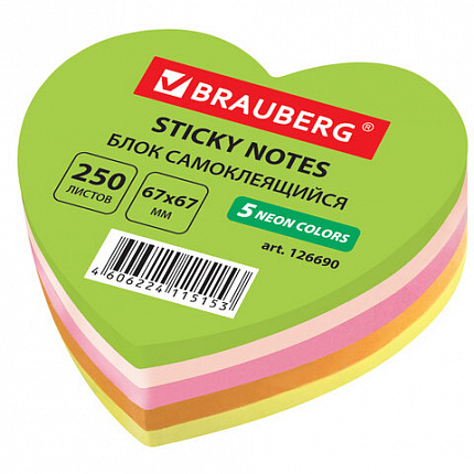 Блок самоклеящийся (стикеры), фигурный, BRAUBERG, НЕОНОВЫЙ "Сердце", 250 листов, 5 цветов, 126690