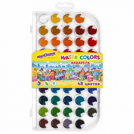 Краски акварельные ЮНЛАНДИЯ "ДОМИКИ" 48 цветов, круглые кюветы 23 мм, пенал, 192634