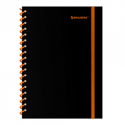 Тетрадь обложка пластик, А5 80л. спираль пластик, резинка, клетка, BRAUBERG, черный/оранжевый, 405386