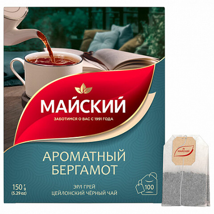 Чай МАЙСКИЙ "Ароматный бергамот" черный цейлонский байховый, 100 пакетиков по 1,5 г, 102627