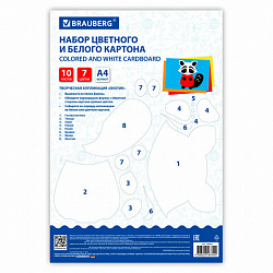 Набор картона БЕЛЫЙ + ЦВЕТНОЙ А4 немелованный, 10 листов (белый 4 листа + цветной 6 листов), в папке, BRAUBERG, 116631