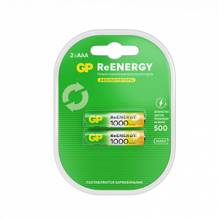 Батарейки аккумуляторные GP ReEnergy Ni-Mh мизинчиковые КОМПЛЕКТ 2 шт., ААА (HR03), 950 mAh, 100AAAHCRGY, 100AAAHCRGY-2CR