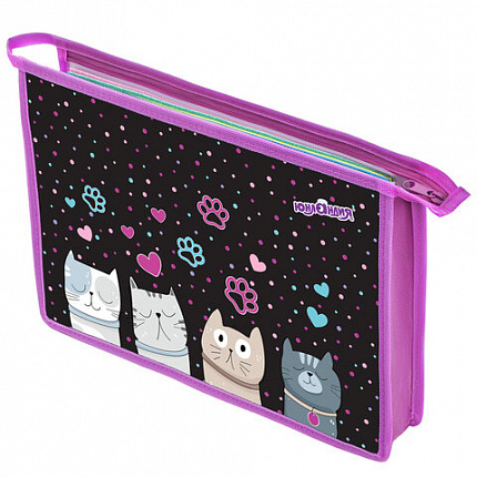 Папка для тетрадей ЮНЛАНДИЯ А4, 1 отделение, пластик, на молнии, "Cat squad", 273347