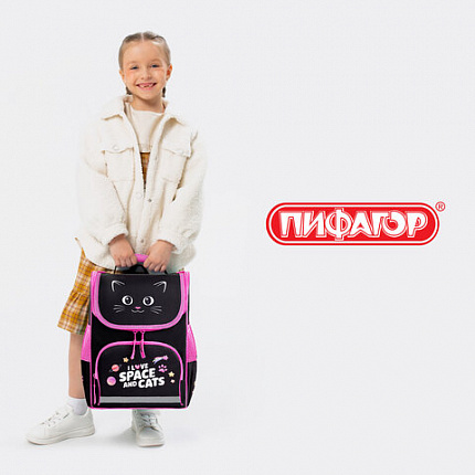 Ранец ПИФАГОР BASIC, 1 отделение, 3 кармана, эргономичная спинка, "Dark kitten", 35х28х18 см, 273134