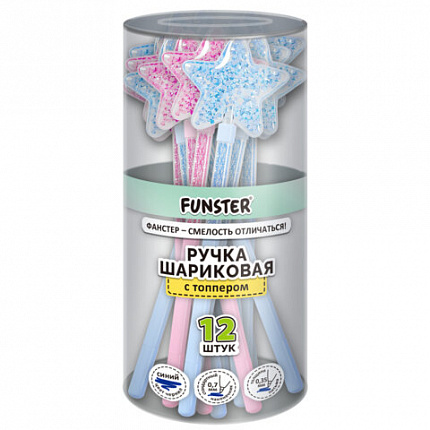 Ручка с топпером с блестками шариковая FUNSTER "MAGIC STAR", СИНЯЯ, ассорти, пишущий узел 0,7 мм, линия письма 0,35 мм, 144379