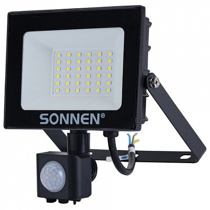Прожектор светодиодный с датчиком движения 30 Вт, 6500 К, 2400 Лм, 30 м2, IP65, 161х146х51 мм, черный, SONNEN, 238417