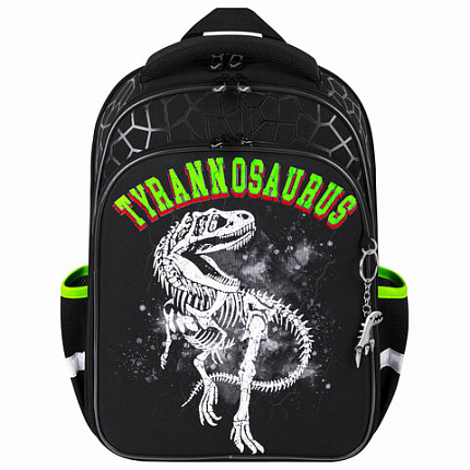 Ранец BRAUBERG QUADRO, 3 отделения, с брелком, "Tyrannosaur", СВЕТЯЩИЙСЯ, 37х28х18 см, 272021