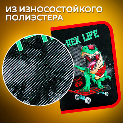 Пенал ПИФАГОР, 1 отделение 2 откидные планки, полиэстер, 20х14 см, "T-Rex Life", 271513