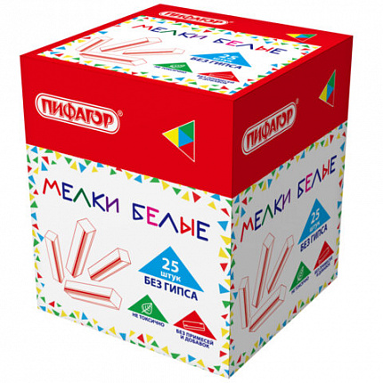 Мел белый БЕЗ ПРИМЕСЕЙ квадратный 25 штук, мягкое письмо, ПИФАГОР, картонная упаковка, х, 274122