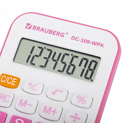 Калькулятор карманный со шнурком BRAUBERG DC-109-WPK (61x110 мм), 8 разрядов, БЕЛЫЙ/РОЗОВЫЙ, 272646