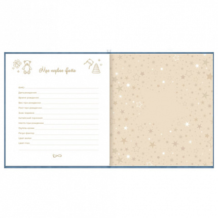 Фотоальбом-анкета детский 23*25 см, 32 листа, стикеры, открытка, конверт, голубой бархат, BRAUBERG, 391420