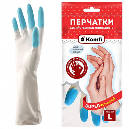 Перчатки МНОГОРАЗОВЫЕ виниловые SUPER КОМФОРТ, гипоаллергенные, размер 8-9, L (большой), вес 90 г, Komfi, ADM, 25591