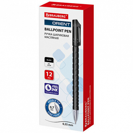 Ручка шариковая масляная BRAUBERG "Orient", ЧЕРНАЯ, корпус черный, игольчатый узел 0,7 мм, линия письма 0,35 мм, 143000