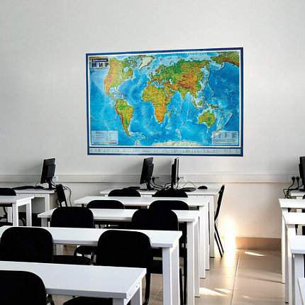 Карта мира физическая 199х134 см, 1:15,5М, с ламинацией, интерактивная, в тубусе, BRAUBERG, 112389