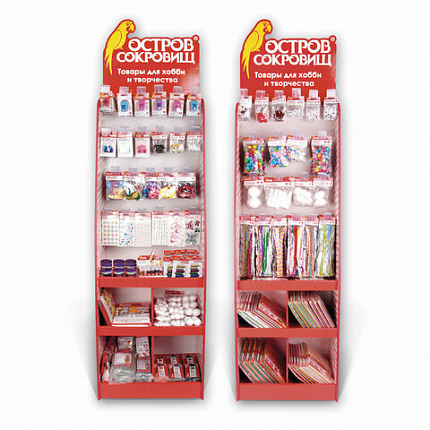 Стойка для размещения товара напольная усиленная ОСТРОВ СОКРОВИЩ, 200х60х40 см, 3 полки, 25 крючков, 504343