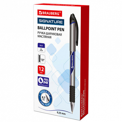 Ручка шариковая масляная с грипом BRAUBERG "Signature", СИНЯЯ, печать, узел 0,7 мм, линия письма 0,35 мм, 142688
